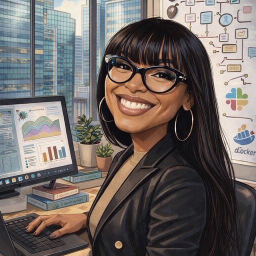 Illustrated portrait of Rai Robledo at her desk, smiling, with charts and workflow diagrams behind her